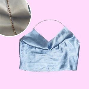 Blue Satin Cowl Neck Going Out Top